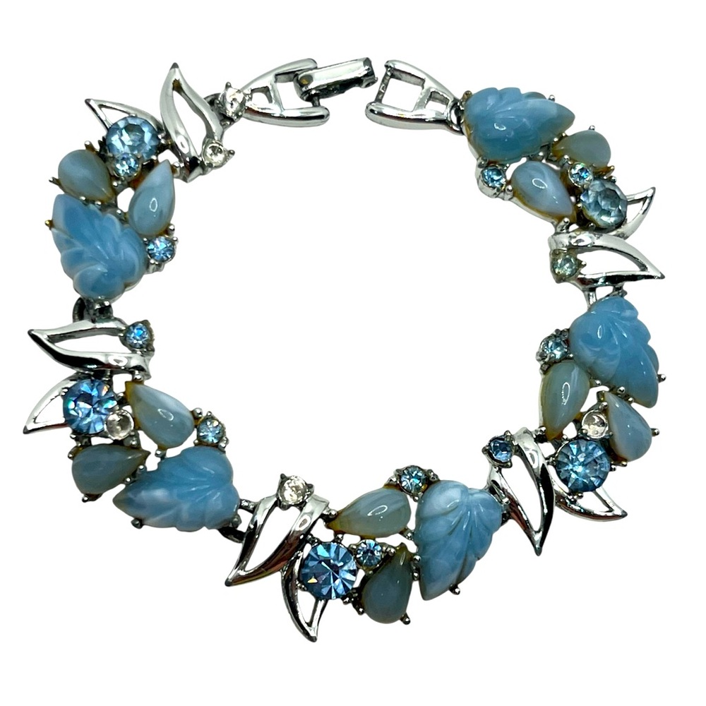 Blue moon glow fruit salad molded rhinestone silver tone vintage bracelet